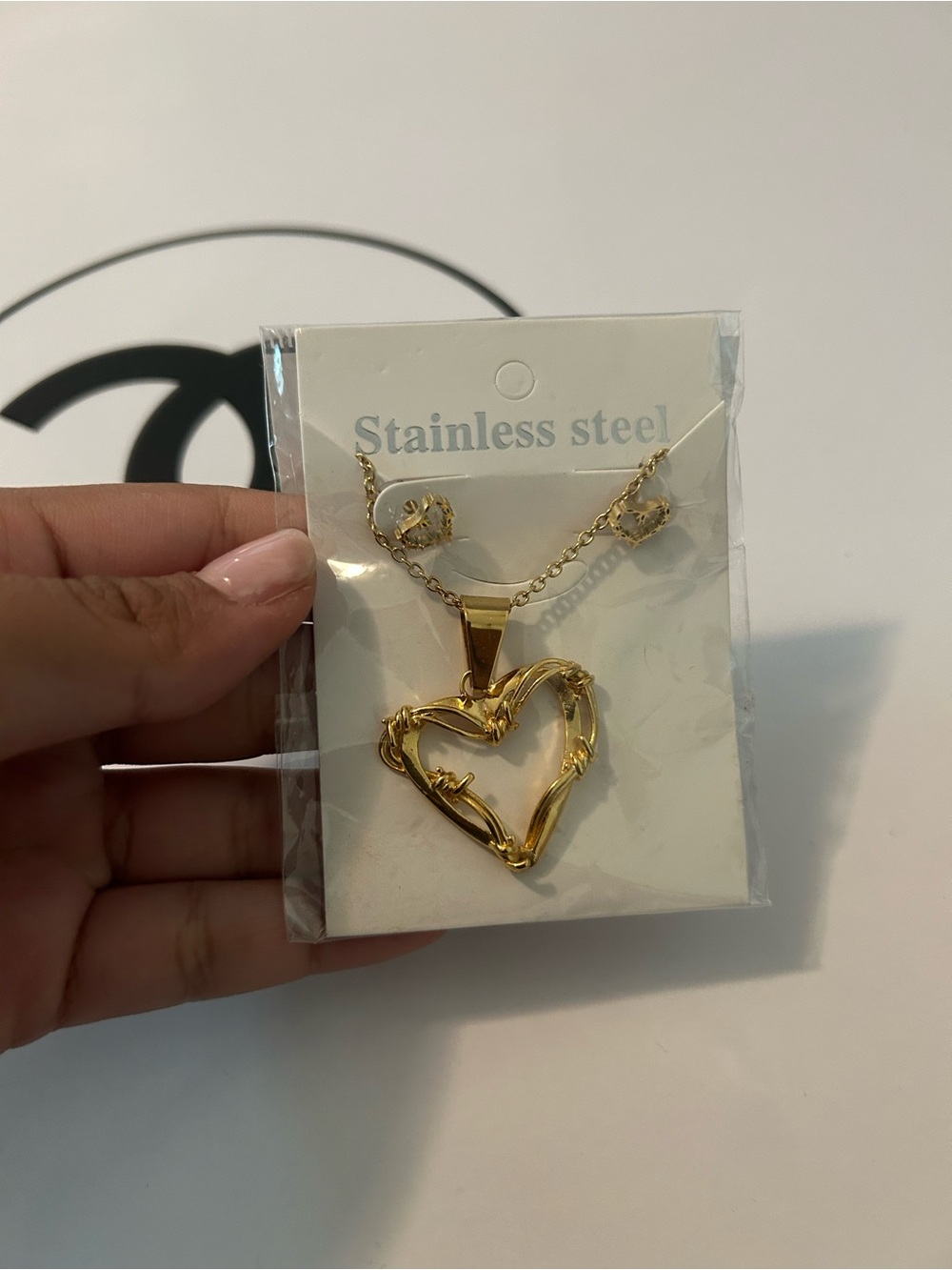 Gold Heart Outline Necklace and Stud Earrings Set